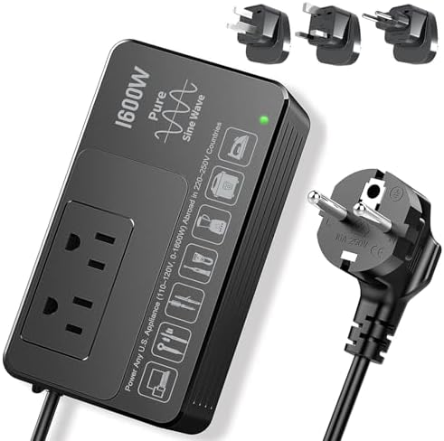 220V to 110V Voltage Converter US to Europe, Universal Travel Adapter Converter for European Travel, 1600W - Plug & Play, Step Down Transformer Power Any American Appliances in 220–250V Countries