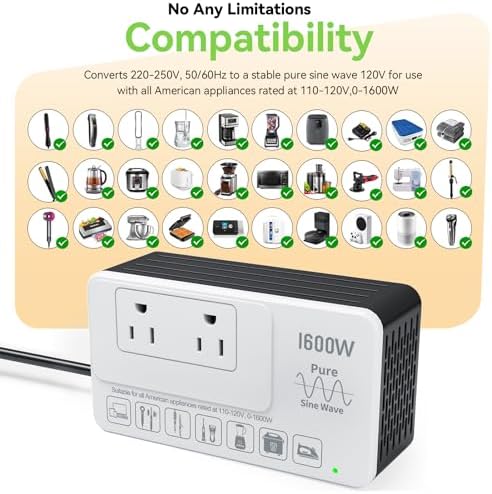 220V to 110V Voltage Converter US to Europe, Universal Travel Adapter Converter for European Travel, 1600W - Plug & Play, Step Down Transformer Power Any American Appliances in 220–250V Countries - Image 3