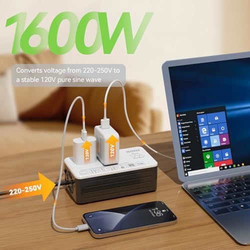 220V to 110V Voltage Converter US to Europe, Universal Travel Adapter Converter for European Travel, 1600W - Plug & Play, Step Down Transformer Power Any American Appliances in 220–250V Countries - Image 4