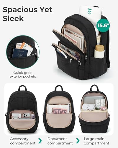 BAGSMART College Laptop Backpack, Travel Backpack for Women, Quilted Casual Daypack, Water-Resistant Bookbag for 15.6 Inch Laptop, Black - Image 3