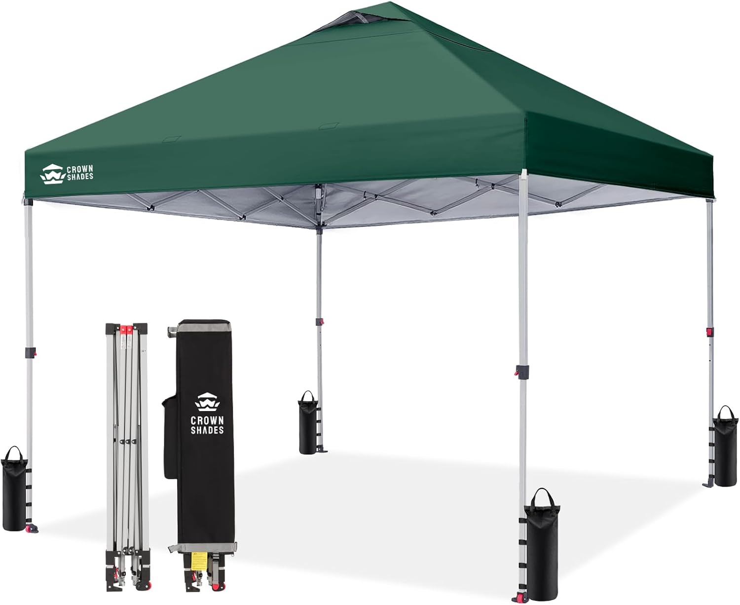 CROWN SHADES 10x10 Pop Up Canopy - Beach Tent with One Push Setup - Easy Outdoor Sun Shade for Events, Parties, Camping - Gazebo with STO-N-Go Cover Bag, Silver Coated Top, Forest Green
